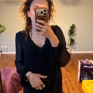 Zara Woman Black Sheer Sleeve V-Neck Blouse – Size S